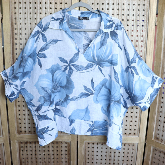 M Made In Italy Tunic Blue Floral Johnny Collar Linen Blouse Top Womens SIZE M - Picture 1 of 9
